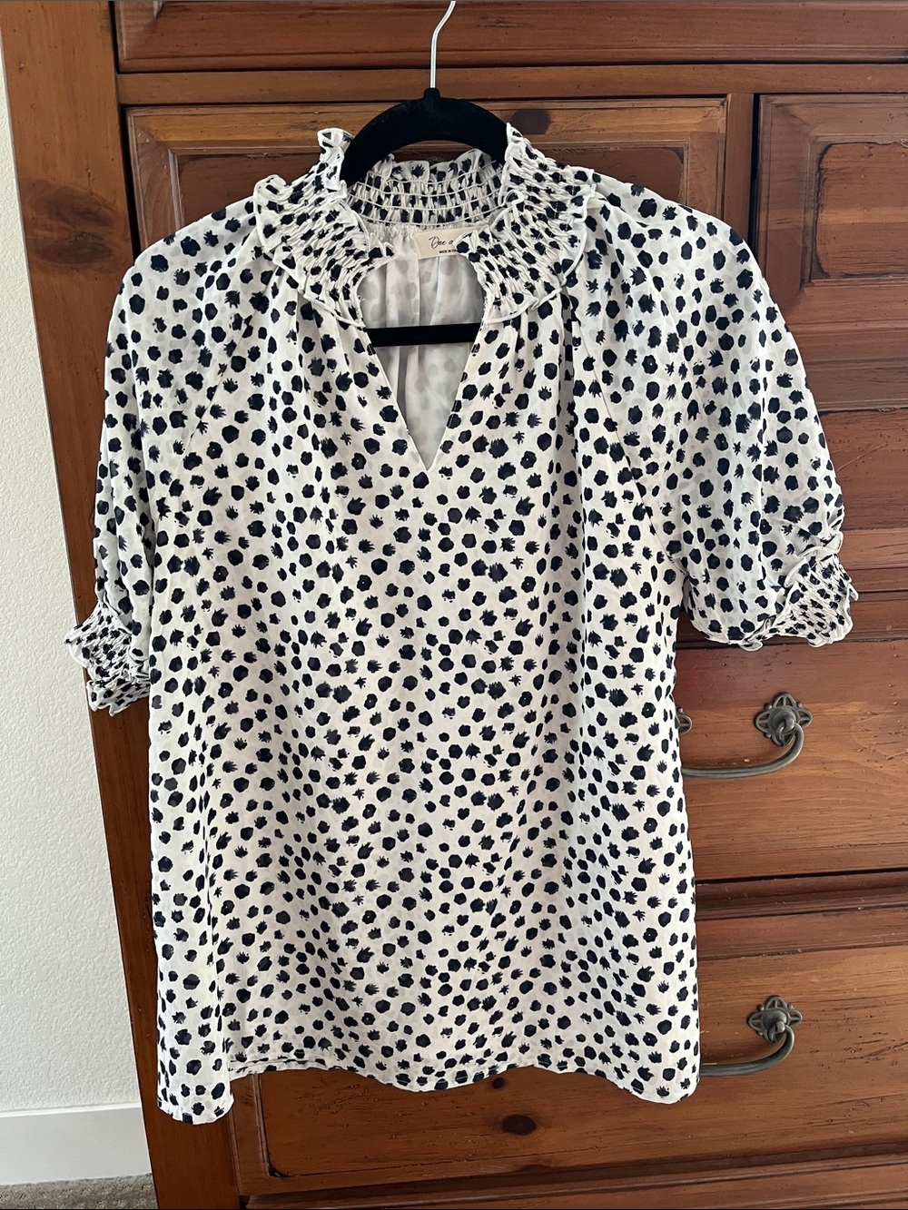 Doe & Rae White Blouse with Black Dot Print NWT